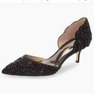 XYD Black Pointed Toe D'Orsay Kitten Heel Rhinestone Studs Pump Satin Shoes